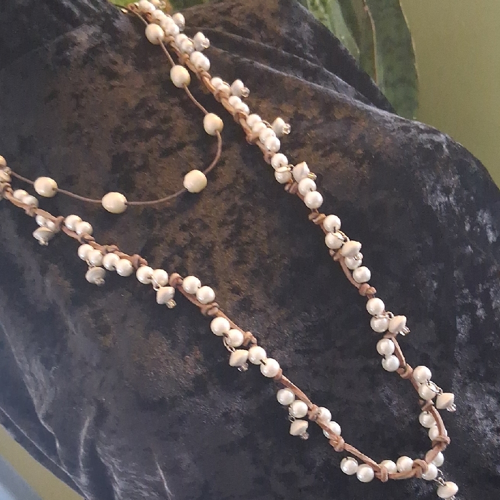 Fresh Water Pearl Accent Long Necklace - White String On Leather Cord
